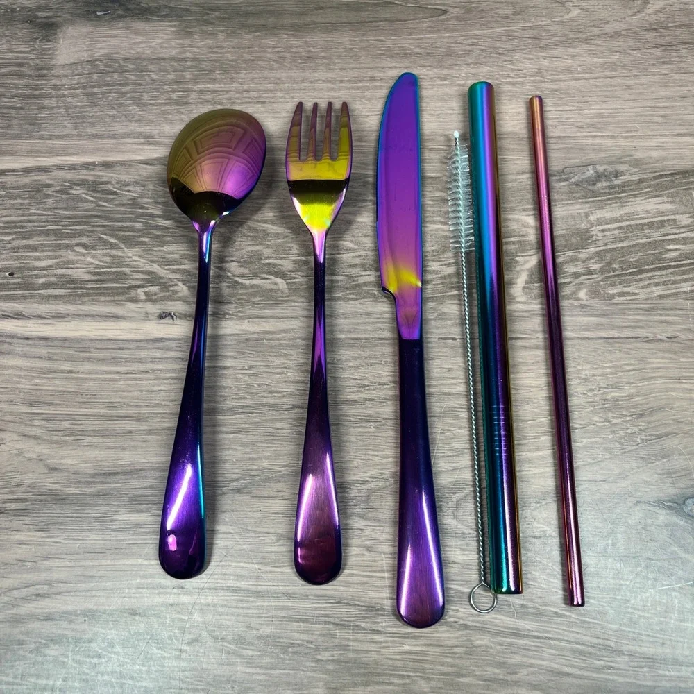 Rainbow Stainless Travel Cutlery Set Iridescent 7pc Kit with Black Case
